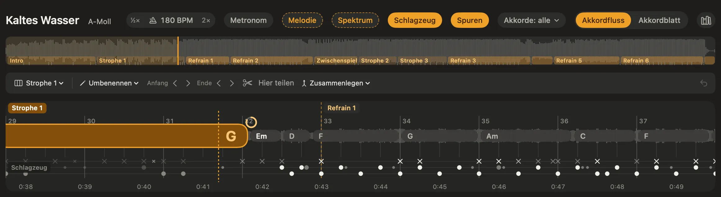 Riffwerk mit „Kaltes Wasser“ von GANG: In der Songkarte stehen die erkannten Abschnitte Intro, Strophe 1, Refrain 1, Refrain 2, Zwischenspiel, Strophe 2, Strophe 3 und weitere Refrains. Darunter die Abschnittsleiste mit Umbenennen, Anfang und Ende verschieben, Hier teilen und Zusammenlegen, darunter der Akkordfluss: links die Marke Strophe 1, bei Takt 33 die Grenze zu Refrain 1. Oben neben dem Tempo die Knöpfe ½× und 2×.