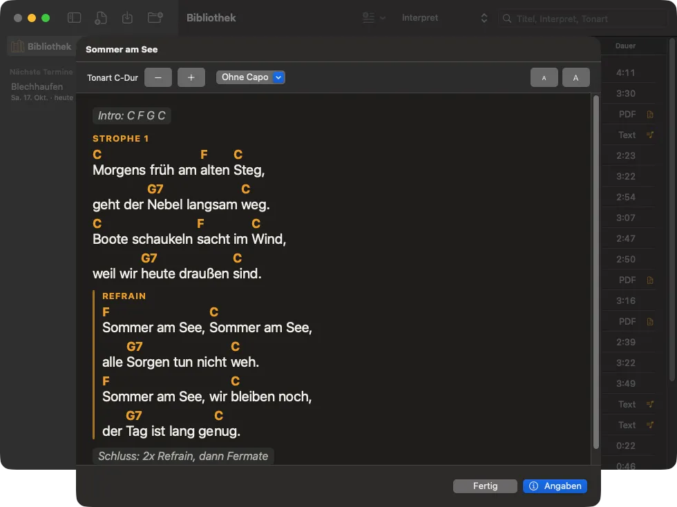 Akkordblatt „Sommer am See“ am Mac: Strophe und Refrain mit Akkorden über dem Text, oben Tonart C-Dur mit Plus und Minus und die Capo-Auswahl.
