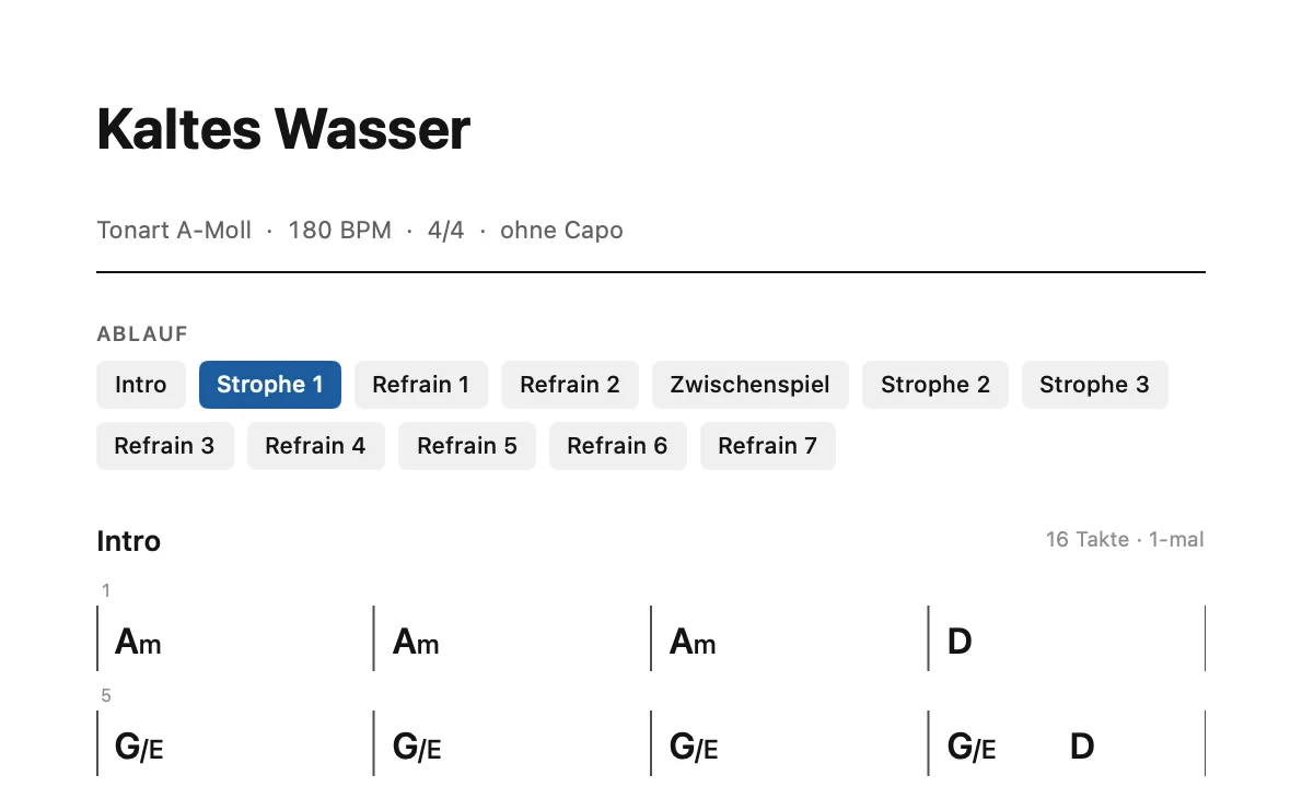 Akkordblatt von „Kaltes Wasser“: Ablauf aus Intro, Strophe 1, Refrain 1, Refrain 2, Zwischenspiel, Strophe 2 und weiteren Abschnitten, darunter das Intro mit Akkorden pro Takt
