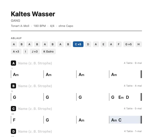 Akkordblatt von „Kaltes Wasser“ mit dem Ablauf der Teile und Akkorden pro Takt