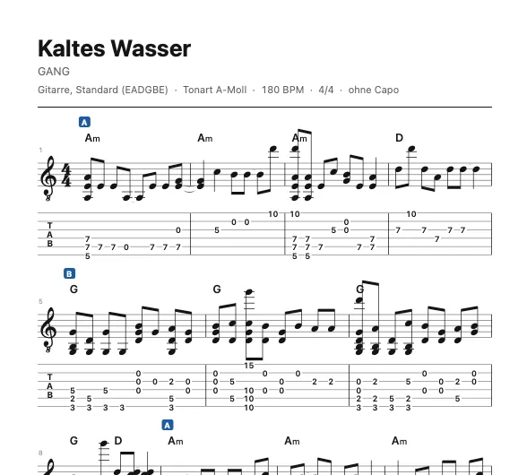 Gitarrenstimme von „Kaltes Wasser“ mit Notenzeile und Tabulatur, Akkordsymbolen und Teil-Marken