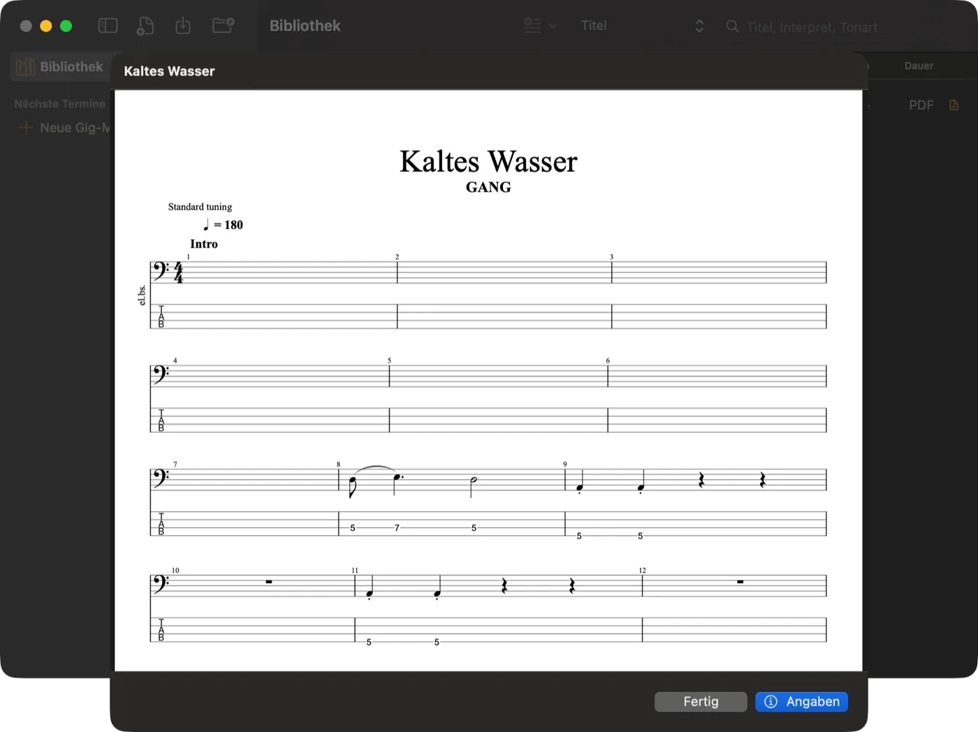 Riffwerk am Mac: In der Bibliothek ist das Original-PDF „Kaltes Wasser“ von GANG geöffnet, die Bassstimme in Noten und Tabulatur.