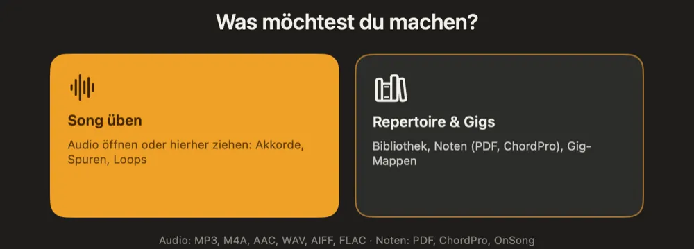 Startseite von Riffwerk mit den Feldern „Song üben“ und „Repertoire & Gigs“.