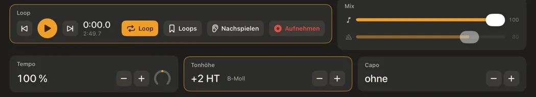 Bedienleiste von Riffwerk: Loop, gemerkte Loops, Nachspielen, roter Knopf Aufnehmen, darunter Tempo, Tonhöhe und Capo.