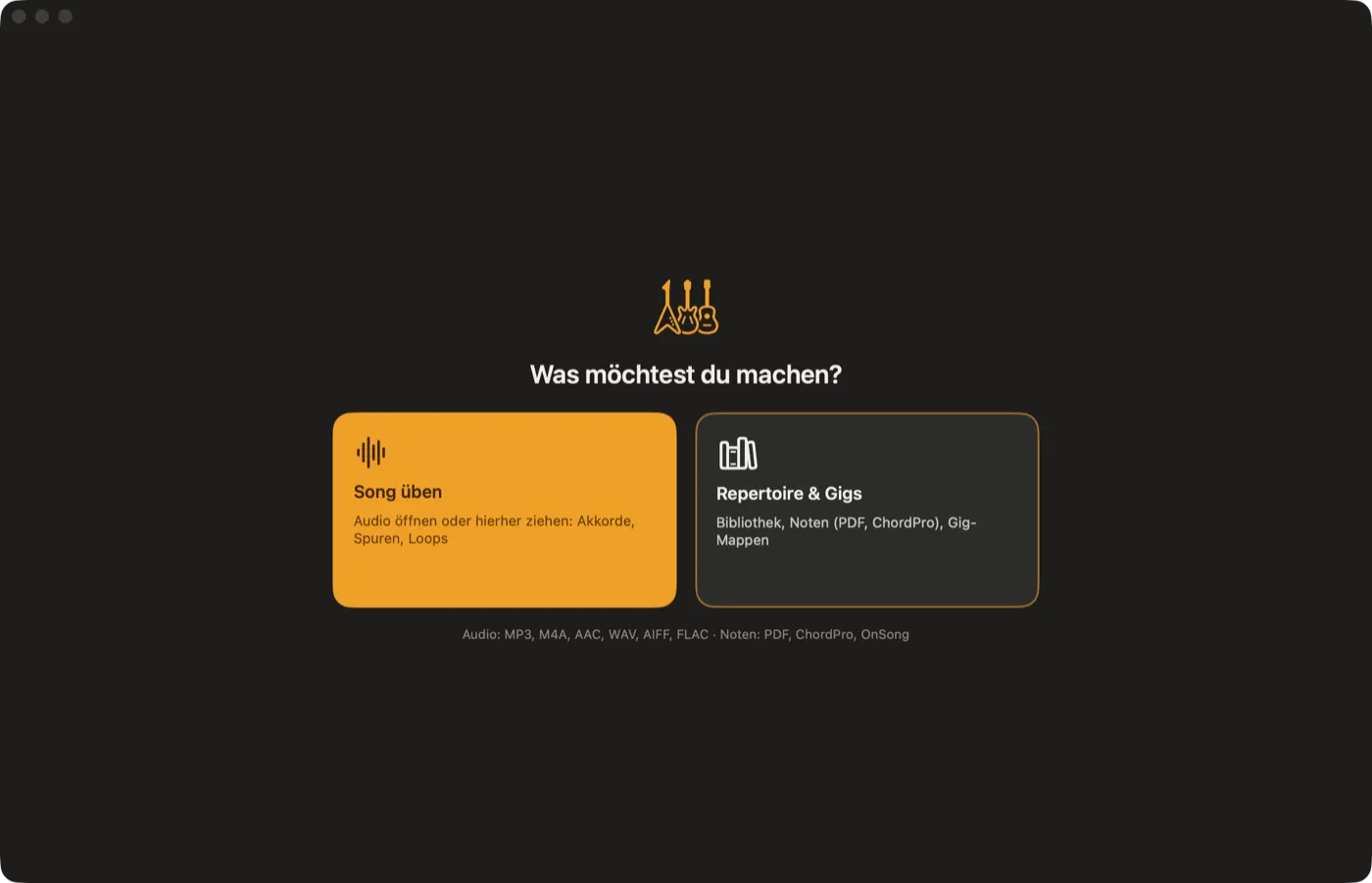 Startseite von Riffwerk: „Was möchtest du machen?“ mit den Feldern „Song üben“ und „Repertoire & Gigs“.