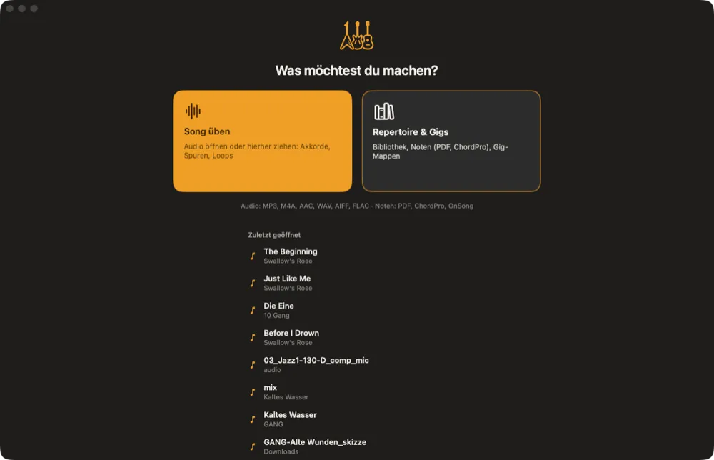 Startseite von Riffwerk: „Was möchtest du machen?“ mit den Feldern „Song üben“ und „Repertoire & Gigs“, darunter die zuletzt geöffneten Songs.